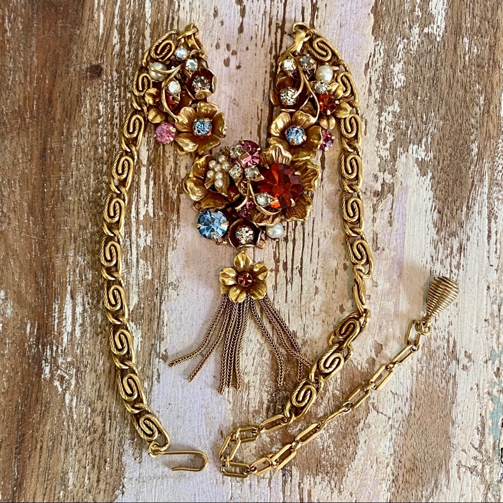 VTG Elaborate Crystal Gold-tone Floral Statement Necklace - Picture 2 of 12